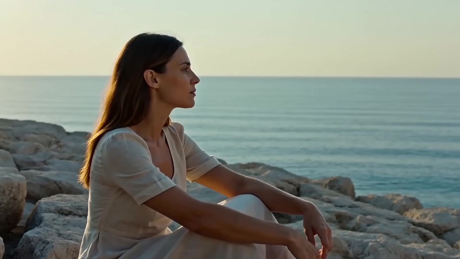 A woman seated on rocks by the sea at dusk, a frame from Shoreline