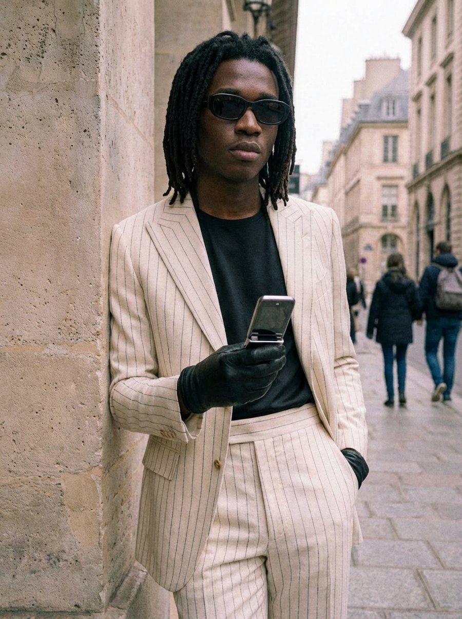 A man in a cream pinstripe suit and leather gloves leaning against a stone wall on a Paris street