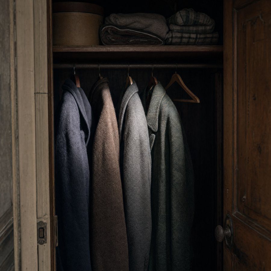Wool coats hanging in a dark hallway closet, lit by a shaft of daylight
