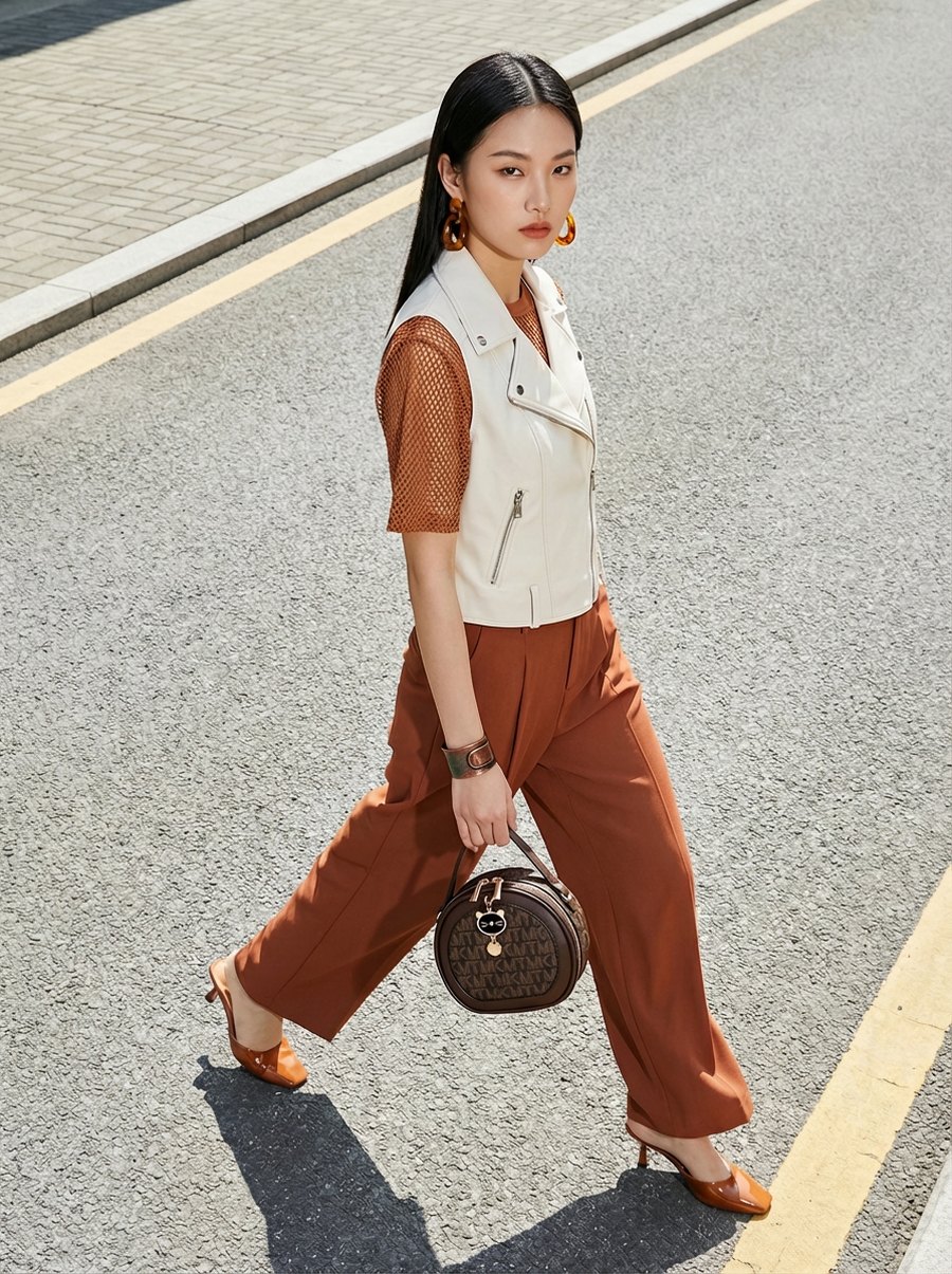 A woman crossing a road in a cream leather vest and rust wide-leg trousers