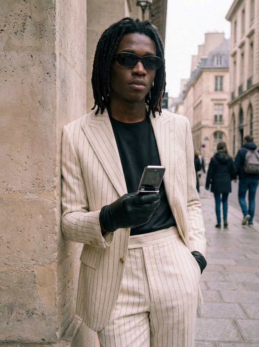 A man in a cream pinstripe suit leaning against a stone wall on a Paris street