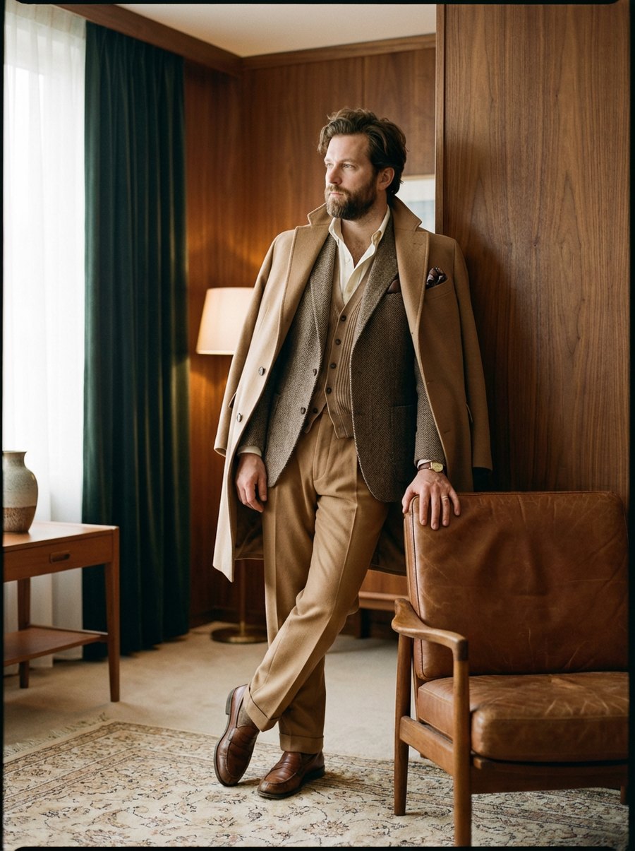 A man in a camel overcoat and tweed waistcoat in a wood-panelled room