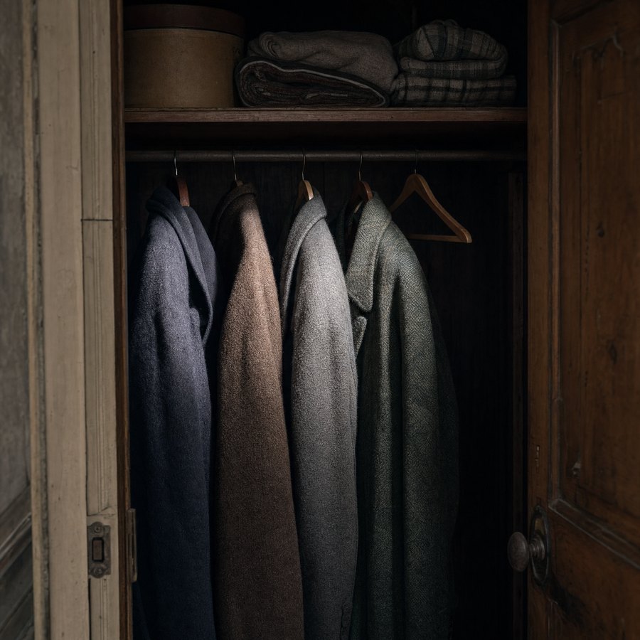 Wool coats hanging in a dark hallway closet, lit by a shaft of daylight