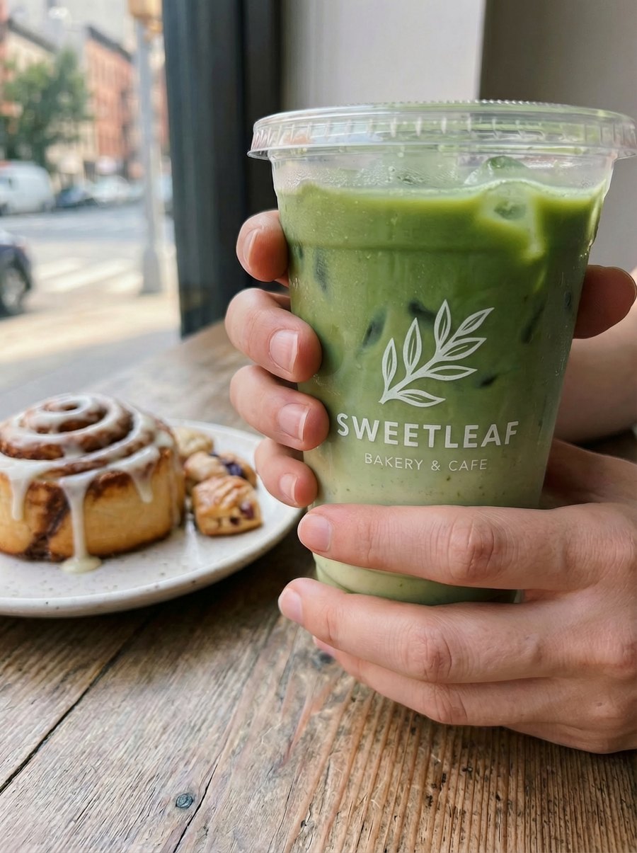Hands holding an iced matcha in a branded cup beside a cinnamon roll on a wooden cafe table