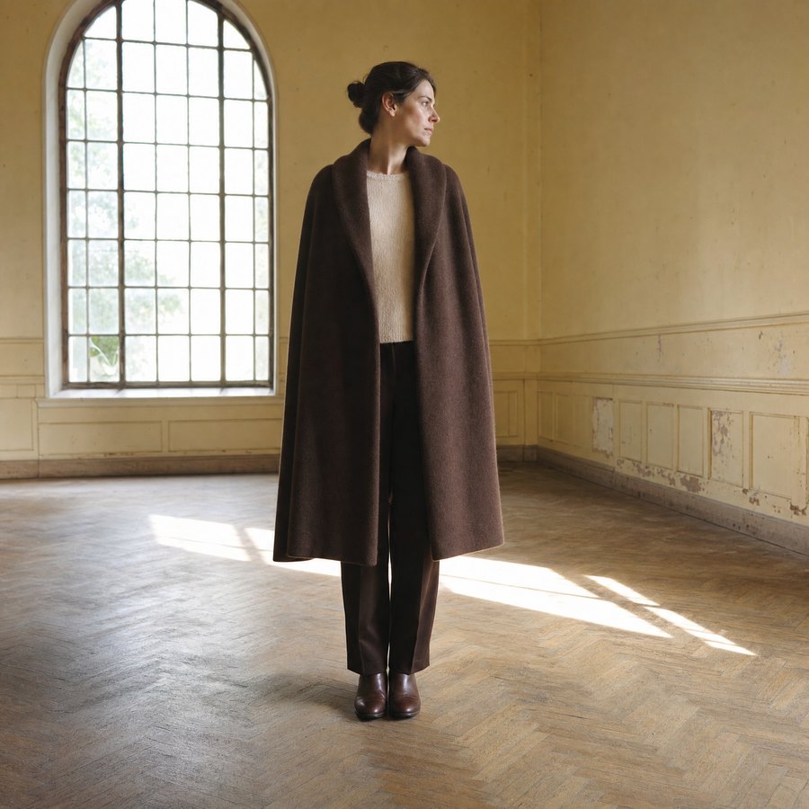 A woman in a long brown cashmere cape in an empty hall with an arched window