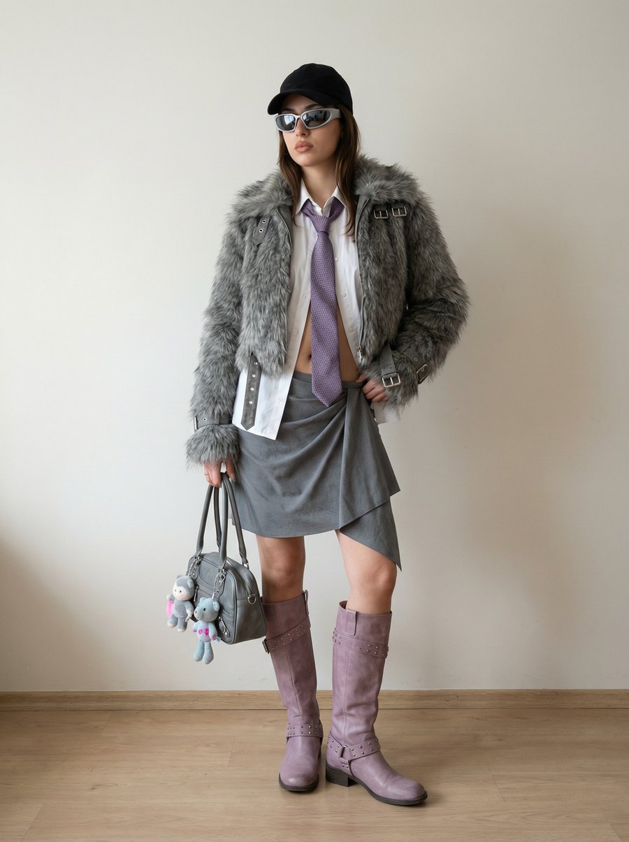 A woman in a faux fur jacket, tie and grey wrap skirt with tall lilac boots against a plain wall