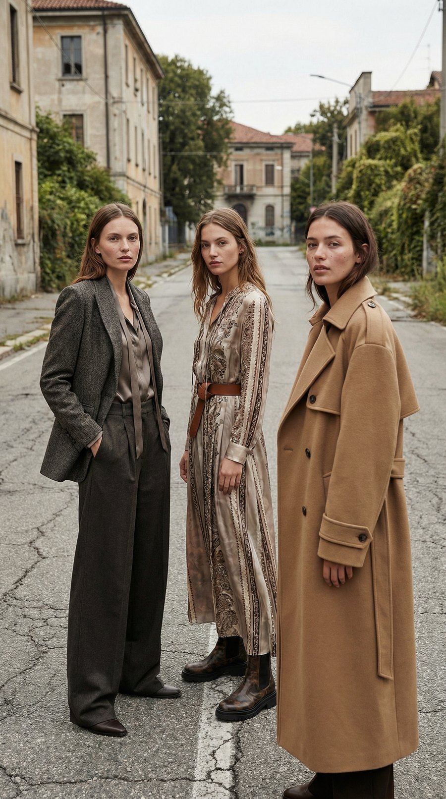 Three models in tailoring, a printed dress and a camel trench standing on an empty Italian street