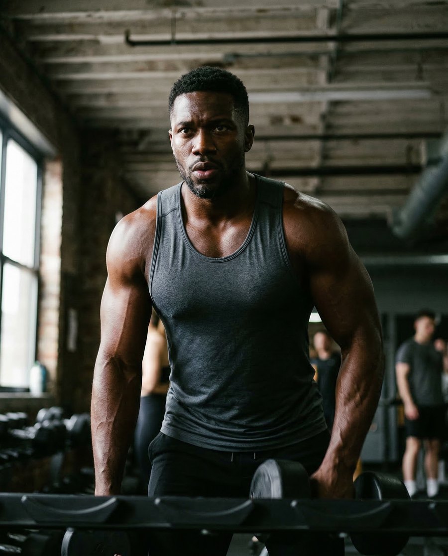 A man in a grey training vest standing at a dumbbell rack in a warehouse gym