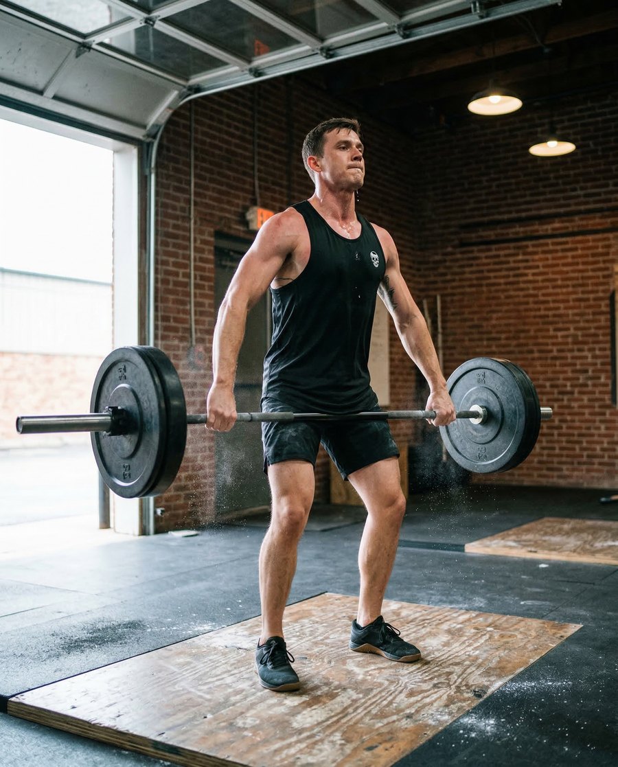 A lifter mid-pull with a loaded barbell on a plywood platform in a brick gym